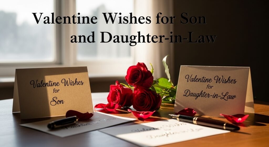 Valentine Wishes for Son and Daughter-in-Law Love grows in the quiet moments we share as a family. It shines in warm hugs, late-night talks, shared meals, and gentle laughter. When your son finds a life partner, your heart expands in a new and beautiful way. You do not just gain a daughter-in-law; you gain a new daughter, a new friendship, and a deeper sense of togetherness. On Valentine’s Day, you celebrate not only romantic love but also family love, friendship, and lifelong commitment. Sending Valentine wishes for son and daughter-in-law allows you to express your pride, joy, and blessings. It reminds them that their love story matters to you. It shows that you support their bond, cherish their happiness, and pray for their bright future. These heartfelt messages help you strengthen family ties and create beautiful memories. Below, you will find carefully crafted messages, greetings, and loving notes to make your son and daughter-in-law feel special on this day of romance and appreciation. Each section offers unique ideas to help you express your feelings with warmth and sincerity. Heartfelt Valentine Messages for Son and Daughter-in-Law May your love grow stronger with each sunrise and fill your home with endless joy. ❤️ Wishing you both a lifetime of happiness, understanding, and sweet memories together. 🌹 May your marriage shine with trust, respect, and beautiful laughter every day. 🌸 Seeing you together fills our hearts with pride and gratitude. 💖 May your journey as partners always stay full of warmth and affection. 💑 Wishing you both endless moments of romance and peaceful companionship. 🌷 May you continue to support and inspire each other through every season of life. 🌼 Your love story makes our family brighter and stronger. 💕 May every Valentine’s Day remind you how blessed you are to have each other. 🌺 We celebrate your bond and the happiness you bring into our lives. 💝 May your hearts always beat in harmony and kindness. 🎶 Wishing you a future filled with shared dreams and sweet achievements. 🌟 May your home stay filled with patience, forgiveness, and understanding. 🏡 Your love reflects the beauty of true partnership. 🌻 May your life together remain as joyful as this special day. 💞 Loving Valentine Greetings for Son and Daughter-in-Law May your love remain pure, loyal, and strong for years to come. 💌 Wishing you both a Valentine’s Day filled with sweet surprises. 🍫 May your bond grow deeper with each challenge you overcome together. 🌈 You both define what true love looks like. 💓 May your laughter echo through your home every single day. 🎉 Wishing you endless comfort in each other’s arms. 🤗 May you always find strength in unity and joy in small moments. 🌟 Your marriage inspires everyone around you. 🌹 May every shared dream bring you closer to each other. ✨ Wishing you peace, harmony, and romantic evenings ahead. 🕯️ May you always cherish and respect one another. 🌸 Your love creates a beautiful example for the next generation. 🌺 May your hearts stay forever connected. 🔗 Wishing you sweet conversations and meaningful silences. 🌙 May this day remind you how deeply you are loved by your family. 💝 Romantic Valentine Wishes for My Dear Son and His Wife May your love story continue to bloom like spring flowers. 🌷 Wishing you both passion, patience, and partnership. 🔥 May your hearts remain tender and caring forever. 💖 Your journey together fills us with pride. 🌻 May romance always find its way into your daily life. 💑 Wishing you countless candlelight dinners and heartfelt talks. 🕯️ May you celebrate love not just today but every day. 🌹 Your connection shines brighter than diamonds. 💎 May you hold hands through every joy and challenge. 🤝 Wishing you a lifetime of sweet anniversaries and smiles. 😊 May your marriage remain a safe place for both of you. 🏡 You both complete each other beautifully. 💞 May your love stay fresh and exciting. 🌺 Wishing you understanding in every discussion. 📖 May your bond stay unbreakable and warm. 🔥 Sweet Valentine Quotes for Son and Daughter-in-Law Your love brings sunshine into our family. ☀️ May kindness guide your hearts forever. 🌼 Wishing you togetherness filled with trust and laughter. 🎈 Your marriage feels like a blessing to us all. 🙏 May you continue building a beautiful life side by side. 🏠 Wishing you joyful mornings and peaceful nights. 🌙 May your affection grow with every passing year. 📅 You both make love look easy and graceful. 💕 May respect always stay at the center of your relationship. 💗 Wishing you shared success and shared happiness. 🏆 May you always celebrate each other’s strengths. 🌟 Your love strengthens our entire family. 🌹 May your smiles never fade. 😊 Wishing you harmony in every season of life. 🍃 May your future stay bright and hopeful. 🌈 Emotional Valentine Blessings for Son and Daughter-in-Law May God bless your union with lasting peace and joy. 🙏 Wishing you a home filled with warmth and love. 🏡 May your hearts always stay soft toward each other. 💓 Your happiness means the world to us. 🌍 May your relationship grow stronger through faith and trust. ✝️ Wishing you courage to face every challenge together. 🛡️ May patience and compassion guide your journey. 🌸 Your love reflects deep commitment and care. 💖 May blessings follow you wherever you go. 🌟 Wishing you contentment in every stage of life. 🌻 May your marriage remain rooted in honesty. 🌳 Your unity brings us comfort and pride. 💝 May kindness always fill your conversations. 🕊️ Wishing you many years of shared dreams. 🌠 May this Valentine’s Day strengthen your sacred bond. 💒 Inspirational Valentine Notes for Married Son and Daughter-in-Law May your partnership inspire others around you. 🌟 Wishing you courage to grow together every year. 🌱 May love guide your decisions and actions. 💡 Your relationship shows the power of unity. 🤝 May you build a legacy of affection and respect. 🏆 Wishing you strength during trials and joy in victories. 🎯 May your journey stay meaningful and fulfilling. 🌄 Your bond stands as a symbol of true devotion. 💞 May hope light your path forward. 🔆 Wishing you endless encouragement for each other. 📣 May you celebrate even the smallest achievements together. 🎊 Your marriage inspires deep admiration. 🌹 May your love remain strong and steady. ⚓ Wishing you continued growth and harmony. 🌻 May your dreams always align beautifully. 🌌 Warm Valentine Sayings for Son and His Beloved Wife May your hearts stay forever intertwined. 🔗 Wishing you laughter that fills your home. 🎶 May your life remain rich in affection. 💖 Your togetherness warms our hearts. 🔥 May your days be sweet and your nights peaceful. 🌙 Wishing you constant appreciation for one another. 🌸 May love remain your greatest strength. 💪 Your marriage shines with grace and care. 🌟 May you always protect and cherish each other. 🛡️ Wishing you lasting joy and harmony. 🎵 May every year bring deeper understanding. 📖 Your bond adds beauty to our family. 🌺 May kindness stay at the heart of your home. 🏡 Wishing you shared laughter and gentle hugs. 🤗 May your love story continue to blossom. 🌷 Meaningful Valentine Greetings for Son and Daughter-in-Law May your commitment stay firm and loving. 💍 Wishing you shared adventures and sweet memories. 🚗 May your trust in each other never fade. 🌈 Your love strengthens family unity. 💞 May you continue building a life filled with gratitude. 🙏 Wishing you romantic moments and everyday happiness. 🌹 May your conversations remain open and kind. 🗣️ Your bond reflects respect and care. 🌻 May your smiles stay bright and genuine. 😊 Wishing you patience in every situation. 🌸 May love guide your future decisions. 🔮 Your partnership inspires admiration. 💖 May this day deepen your affection. 💝 Wishing you harmony in thoughts and actions. 🎼 May your hearts always feel connected. ❤️ Touching Valentine Day Wishes for Son and Daughter-in-Law May your love glow warmly today and always. 🔥 Wishing you deep understanding and trust. 🤝 May your home overflow with happiness. 🏠 Your marriage brings pride to our hearts. 💕 May you share countless joyful milestones. 🎉 Wishing you endless romantic surprises. 🎁 May you always celebrate each other’s uniqueness. 🌺 Your love story remains inspiring. 📖 May peace and harmony guide your journey. 🕊️ Wishing you strength in every challenge. 🛡️ May laughter fill your everyday life. 😄 Your bond creates beautiful memories. 📸 May you always choose love in every moment. 💞 Wishing you lasting comfort and support. 🤗 May this Valentine’s Day remind you of your deep connection. 🌹 Special Valentine Blessings for My Son and Daughter-in-Law May divine grace protect your union. 🙏 Wishing you calm hearts and joyful spirits. 🌈 May your love remain steady and bright. 🌟 Your happiness fills us with gratitude. 💖 May kindness shape your married life. 🌻 Wishing you shared goals and shared success. 🎯 May trust stay at the center of your relationship. 💍 Your partnership reflects devotion and care. 🌸 May your future shine with promise. ✨ Wishing you sweet memories every single day. 🍀 May your love continue to mature beautifully. 🌷 Your marriage enriches our family. 🏡 May every year bring greater joy. 🎊 Wishing you peace in your hearts. 🕊️ May this celebration of love strengthen your bond. 💞 Sincere Valentine Messages for a Loving Couple May your love remain genuine and pure. 💓 Wishing you mutual respect and endless affection. 🌹 May your home stay filled with laughter. 🎶 Your unity stands as a blessing to us. 🌟 May you face the future hand in hand. 🤝 Wishing you sweet conversations and caring gestures. 💌 May your hearts stay open and understanding. 💖 Your bond shows true companionship. 🌺 May every moment together feel precious. 💎 Wishing you warmth and security. 🔥 May your dreams grow stronger together. 🌈 Your love story remains inspiring. 📖 May trust guide your relationship always. 🛡️ Wishing you joyful celebrations today. 🎉 May you always feel grateful for each other. 🙏 Heartwarming Valentine Thoughts for Son and Daughter-in-Law May your life together stay full of sweetness. 🍫 Wishing you patience and kindness in all things. 🌸 May your bond grow deeper every year. 🌳 Your happiness makes our hearts smile. 😊 May love remain your guiding light. 🔆 Wishing you laughter that never fades. 😄 May your partnership stay balanced and strong. ⚖️ Your connection reflects deep affection. 💕 May your days stay bright and cheerful. ☀️ Wishing you romantic surprises and tender moments. 🌹 May unity protect your marriage. 🛡️ Your love adds meaning to our family. 💝 May this Valentine’s Day renew your commitment. 💍 Wishing you many years of shared joy. 🎊 May your future remain hopeful and happy. 🌈 Beautiful Valentine Quotes for Son and Daughter-in-Law May your love shine like a bright star. ⭐ Wishing you harmony and shared dreams. 🌌 May your relationship grow in trust and warmth. 🔥 Your union represents devotion and strength. 💪 May kindness stay alive in your hearts. 🌸 Wishing you joyful mornings and peaceful evenings. 🌙 May every challenge make you stronger together. 🛡️ Your bond spreads positivity. 🌻 May affection guide your journey. 💖 Wishing you romance that lasts forever. 🌹 May your smiles stay sincere and bright. 😊 Your partnership enriches our lives. 💞 May you celebrate love daily. 🎉 Wishing you unity in every decision. 🤝 May your hearts remain forever young. 💕 Affectionate Valentine Notes for Son and Daughter-in-Law May your life together feel like a beautiful adventure. 🚀 Wishing you deep emotional connection. 💓 May love stay strong in every season. 🍂 Your marriage reflects understanding and grace. 🌷 May your days stay filled with appreciation. 🌸 Wishing you joyful celebrations and quiet comfort. 🕯️ May you always respect each other’s dreams. 🌟 Your unity strengthens our family bond. 💝 May trust remain unshaken. 🛡️ Wishing you endless romantic memories. 💌 May laughter and happiness surround you. 🎶 Your love makes our hearts proud. ❤️ May you grow together in wisdom and affection. 📖 Wishing you a future full of blessings. 🙏 May this day remind you of your deep love. 🌹 Devoted Valentine Wishes for Son and Daughter-in-Law May your commitment stay strong and true. 💍 Wishing you warmth in every embrace. 🤗 May your journey together remain joyful. 🌈 Your love story touches our hearts deeply. 💖 May understanding shape your relationship. 🌸 Wishing you romantic memories that last forever. 🌹 May your partnership reflect trust and loyalty. 🛡️ Your happiness fills our home with light. 💡 May you always support and uplift each other. 💪 Wishing you sweet smiles and tender moments. 😊 May peace and comfort surround your home. 🏡 Your unity inspires admiration. 🌟 May every year bring deeper affection. 💕 Wishing you courage to face life together. ⚓ May this Valentine’s Day renew your everlasting love. 💞 Endearing Valentine Blessings for Son and Daughter-in-Law May your hearts stay connected in every circumstance. 🔗 Wishing you contentment and lasting happiness. 🌻 May your love create beautiful memories daily. 📸 Your bond brings strength to our family. 💪 May your future overflow with joy. 🎉 Wishing you endless respect and admiration for each other. 🌹 May kindness and patience guide you always. 🌸 Your marriage remains a blessing to us. 🙏 May laughter echo through your home. 🎶 Wishing you dreams fulfilled side by side. 🌈 May your affection grow deeper each year. 🌳 Your love spreads warmth and positivity. 🔥 May unity stay at the heart of your relationship. 💞 Wishing you sweet moments and shared success. 🏆 May this special day remind you how cherished you are. 💝 Valentine wishes for son and daughter-in-law carry deep meaning because they celebrate both romance and family unity. When you send loving words, you strengthen your bond with them. You remind them that their happiness matters and that they always have your blessings. Keep expressing your care openly and sincerely. Small gestures and kind messages create lasting emotional connections that support their marriage for years to come. FAQs What should I write in a Valentine card for my son and daughter-in-law? You can write heartfelt blessings, express pride in their relationship, and wish them lasting happiness, trust, and romance. Keep your tone warm, positive, and supportive. How do I make Valentine wishes more meaningful for my married son? Mention specific qualities you admire in their relationship. Add sincere words about commitment, respect, and shared dreams to make your message personal and touching. Can I include religious blessings in Valentine wishes? Yes, many parents include spiritual blessings and prayers for peace, unity, and divine guidance in their son and daughter-in-law’s marriage. Why is it important to send Valentine greetings to family members? Valentine’s Day celebrates love in all forms. Sending greetings strengthens family bonds and shows emotional support for their relationship. How long should Valentine wishes for son and daughter-in-law be? They can be short and sweet or longer and detailed. What matters most is sincerity, warmth, and genuine affection in your words.